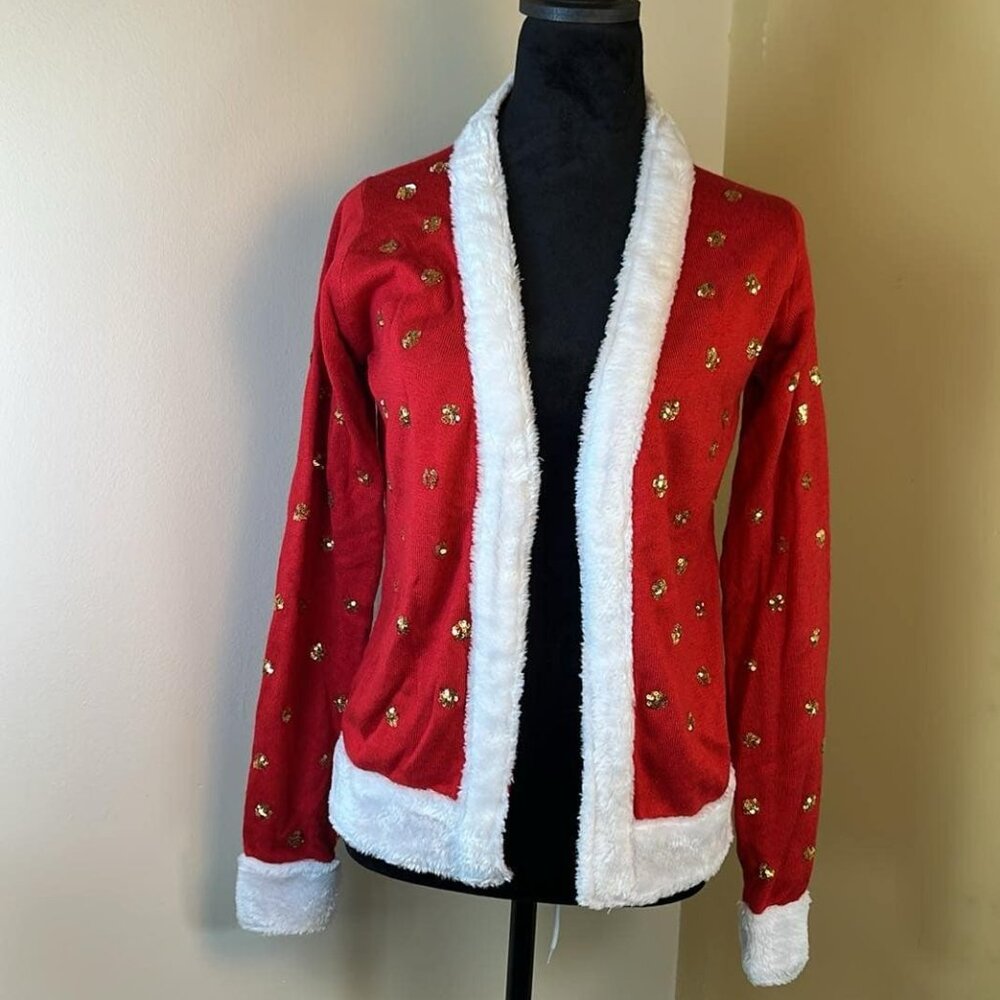 Tipsy Elves Holiday Red and White Sweater SZ‎ Sm with Gold Accent Ugly Sweater